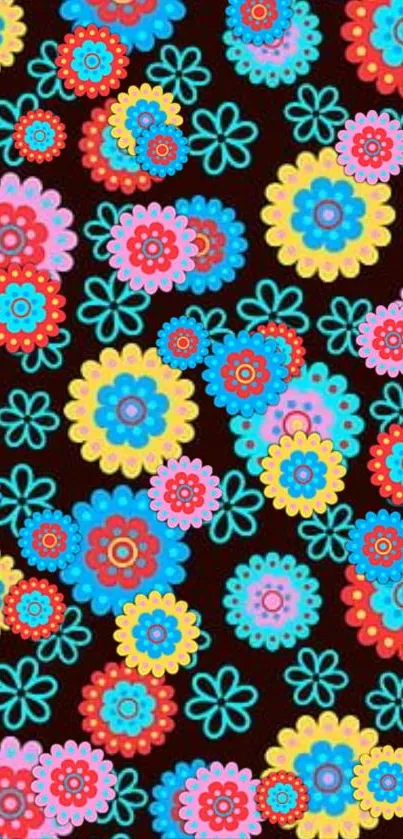 Vibrant colorful floral pattern on black background wallpaper.