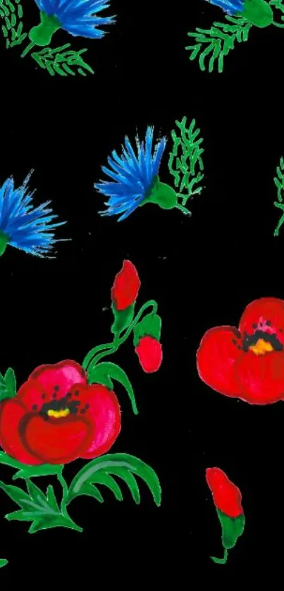 Vibrant floral design with red and blue flowers on a black background.