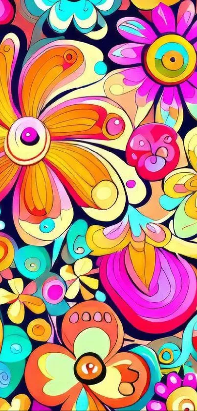 Vibrant floral pattern with colorful flowers and artistic swirls.