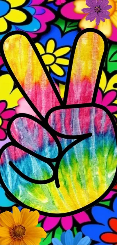 Colorful wallpaper with peace sign and floral design in bright hues.