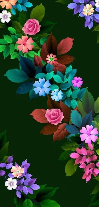 Colorful floral pattern with green leaves and vibrant flowers.