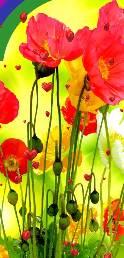 Vibrant mobile wallpaper with red poppies and rainbow hues.