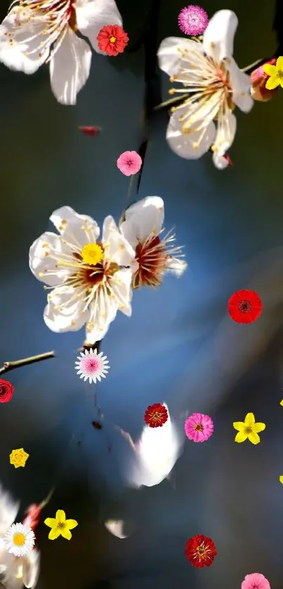 Colorful phone wallpaper with various flowers on a dark background.