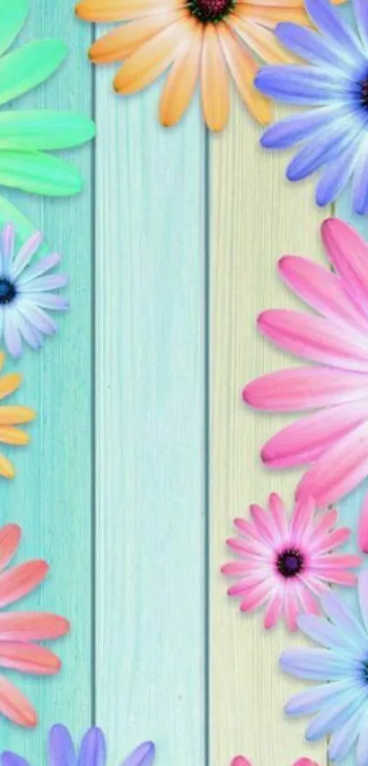 Colorful floral wallpaper with pastel daisies and wooden background.