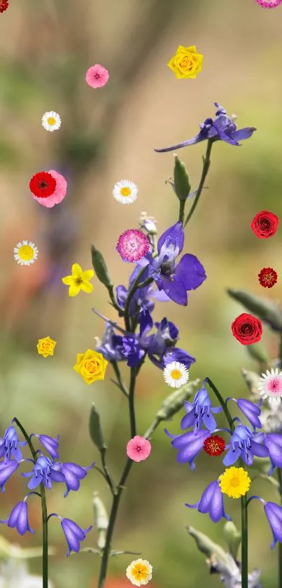 Vibrant floral wallpaper with bluebells and colorful flowers.