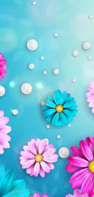 Colorful floral wallpaper with blue and pink flowers on a turquoise background.