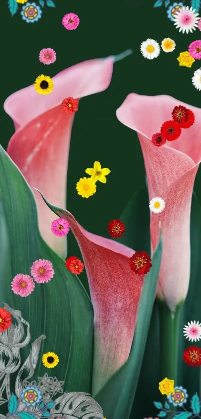 Pink calla lilies with colorful blooms on a green background.