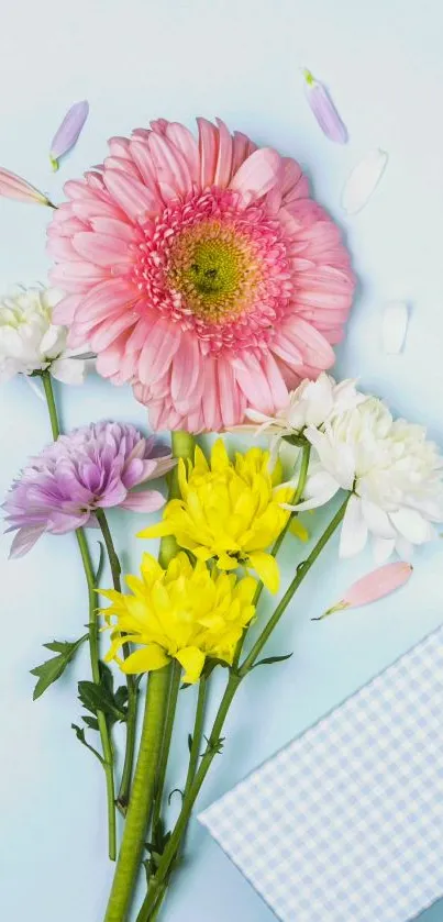 Colorful flowers against a light blue background.