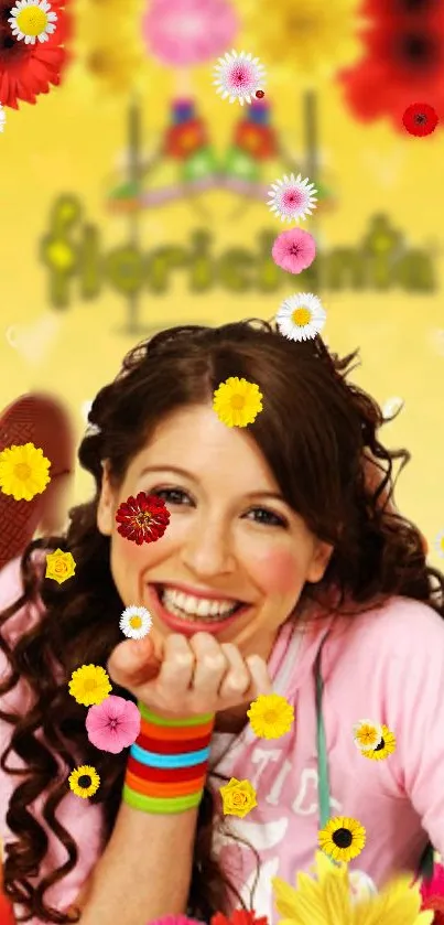 Joyful woman with colorful flowers on yellow background.