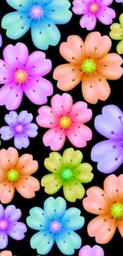 Vibrant pastel flowers on black background wallpaper.