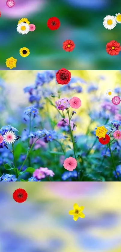 Colorful floral wallpaper with blue and green tones, featuring various flowers.