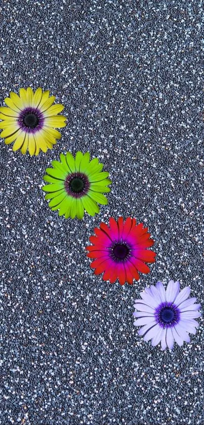 Colorful flowers on a glittery silver background mobile wallpaper.