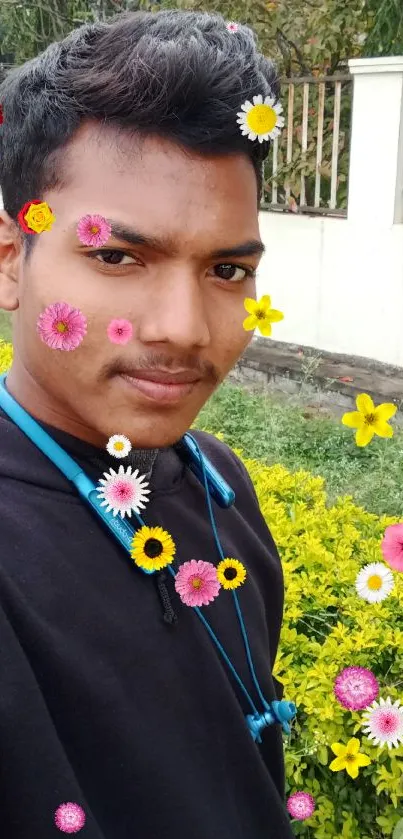 Portrait of a young man with colorful floral decorations in a garden setting.