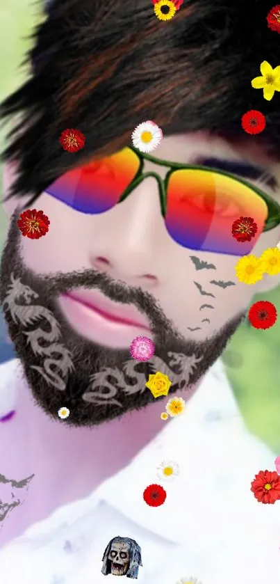 Bearded man with rainbow sunglasses and floral decorations on a mobile wallpaper.