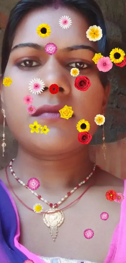 Portrait of a woman with colorful flowers on a rustic background.