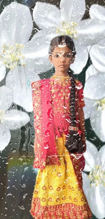 Girl in traditional attire with white floral backdrop.