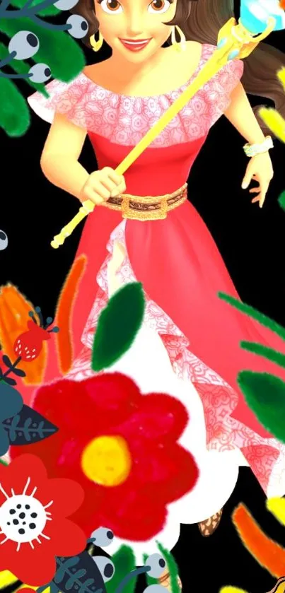 Animated princess with floral design mobile wallpaper.