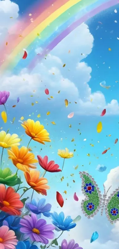 Vibrant floral design with rainbow and butterfly in fantasy sky.