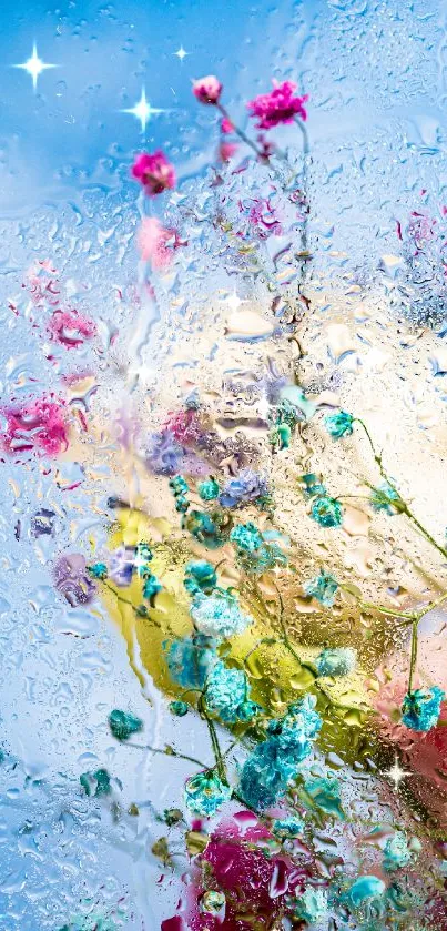 Colorful flowers behind rain-speckled glass.