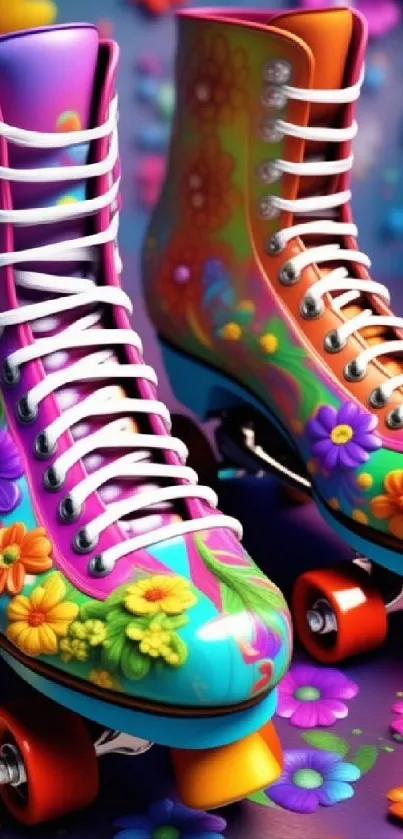 Vibrant floral roller skates with colorful flowers.