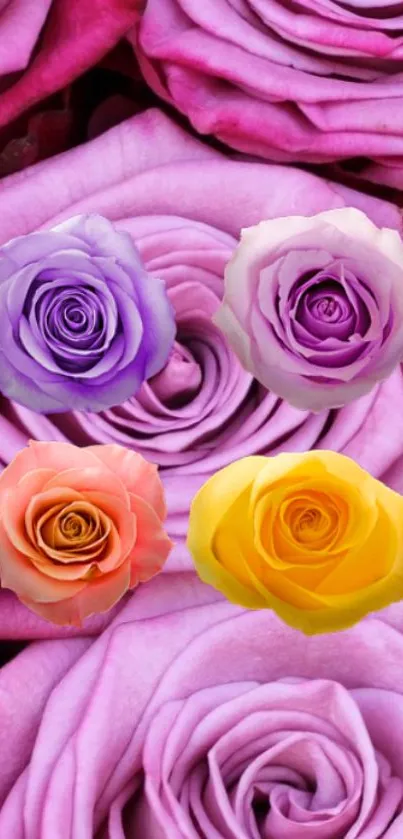 Vibrant wallpaper featuring colorful rose bouquet with dominant purple hues.