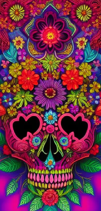 Vibrant neon skull with flowers wallpaper, perfect for a colorful mobile background.