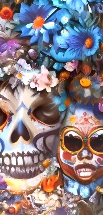 Colorful skull with blue flowers art wallpaper