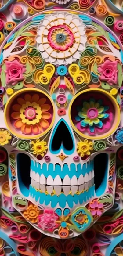 Vibrant floral skull art wallpaper with colorful intricate details.