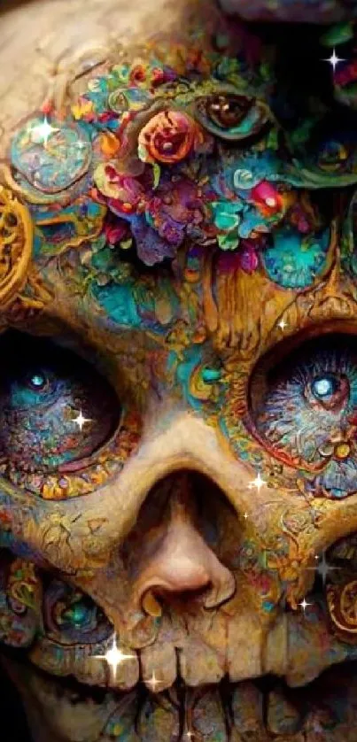 Colorful floral skull art on mobile wallpaper.