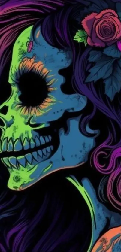 Vibrant neon floral skull wallpaper with colorful details.