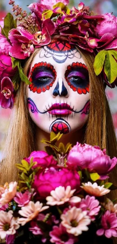 Sugar skull face art with a vibrant floral crown.