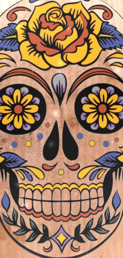 Colorful skull wallpaper with floral design and vibrant hues.