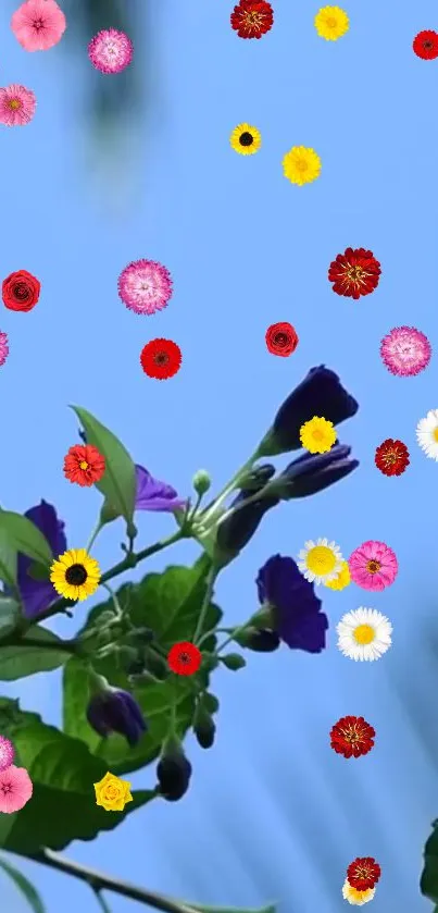 Vibrant flowers on a blue sky background.