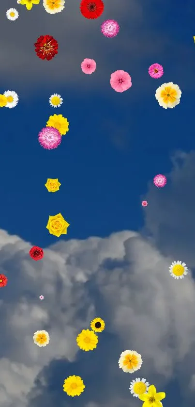 Floating colorful flowers against a deep blue sky, creating a vibrant wallpaper.