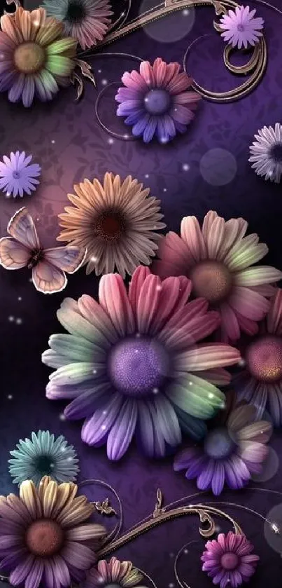 Colorful flowers on dark purple background wallpaper.