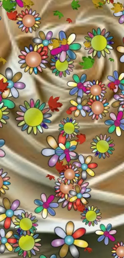 Colorful abstract flowers on spiral beige background.