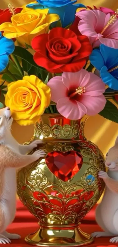Colorful floral wallpaper with squirrels and a golden vase.