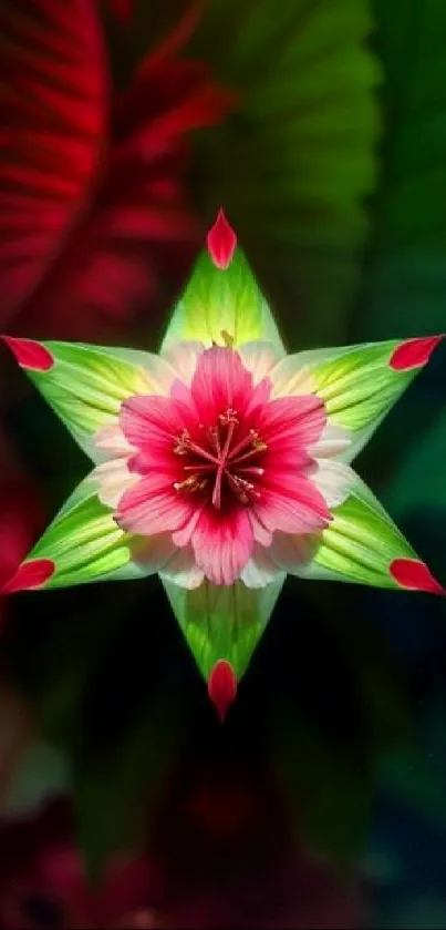 Vibrant floral star design with red and green leaves on a smartphone wallpaper.