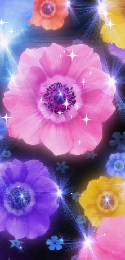 Colorful flowers with starburst effects on a dark background in mobile wallpaper.