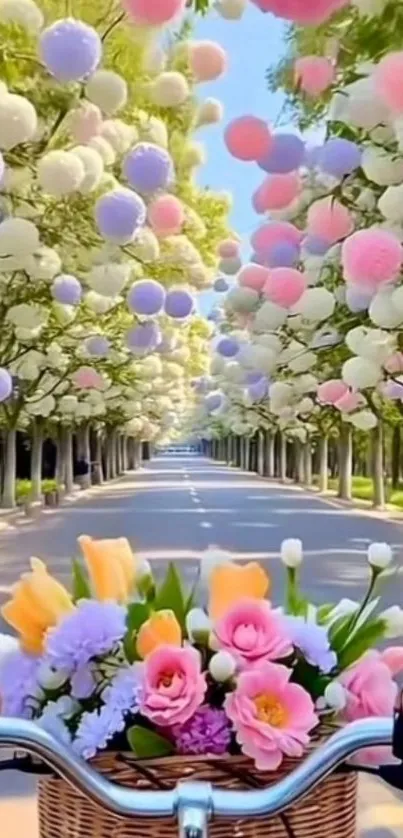 A vibrant street lined with pastel flowers and a bicycle basket in view.