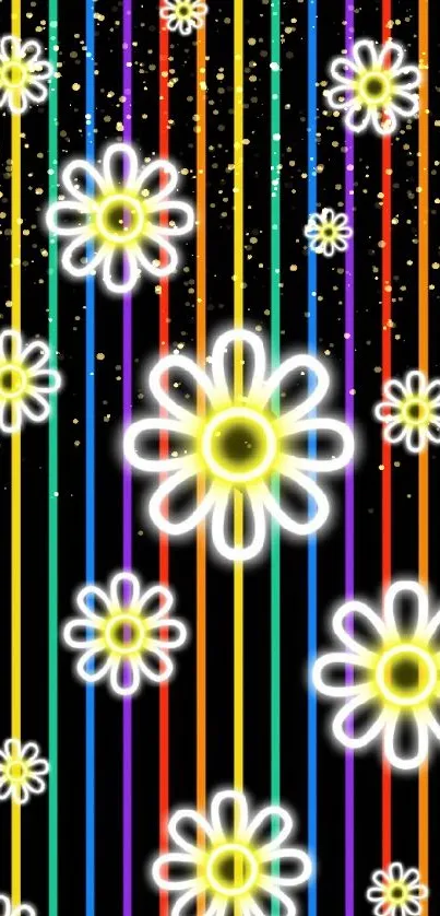 Vibrant wallpaper with neon stripes and glowing floral design.