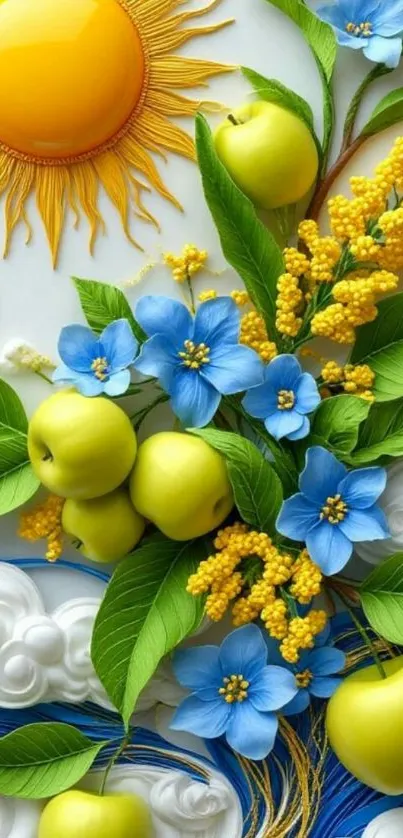 Colorful wallpaper with sun, flowers, leaves, and apples.