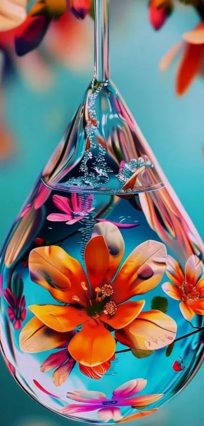 Colorful floral teardrop art with vibrant flowers.