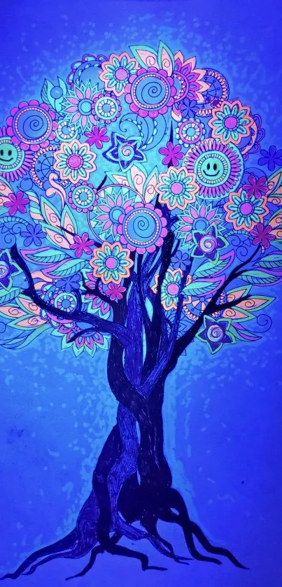 Colorful floral tree illustration on a blue background, perfect for mobile display.