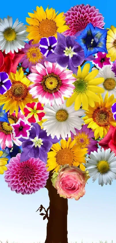 Colorful flower tree against a blue sky wallpaper.