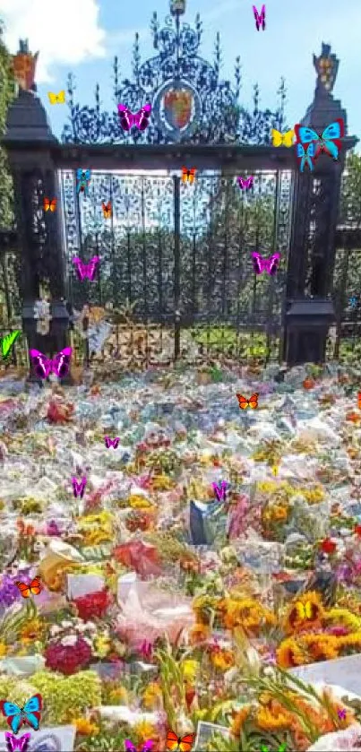 Floral tribute at ornate gate with colorful flowers.