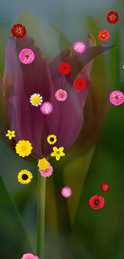 Vibrant tulip surrounded by colorful petals on a green background.