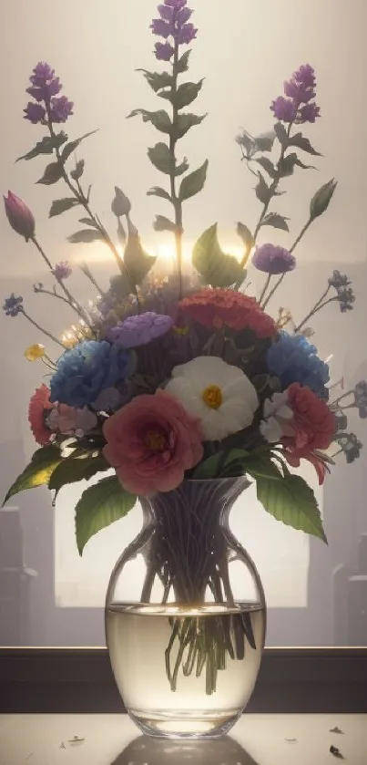 Vibrant flower arrangement in a vase against a soft backdrop.