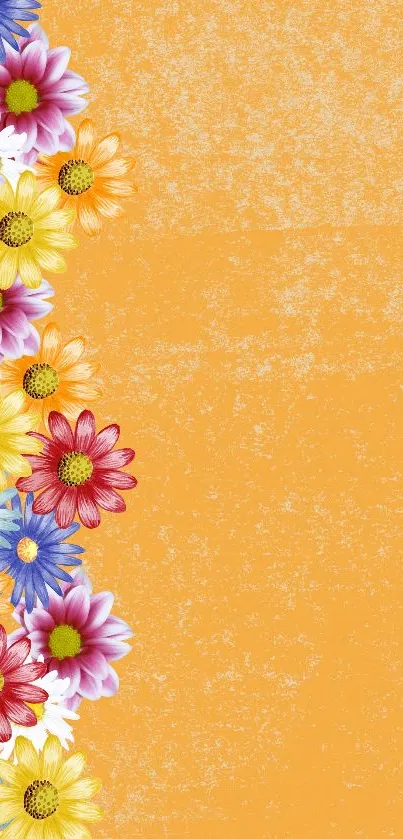 Colorful floral wallpaper with vibrant flowers on an orange textured background.