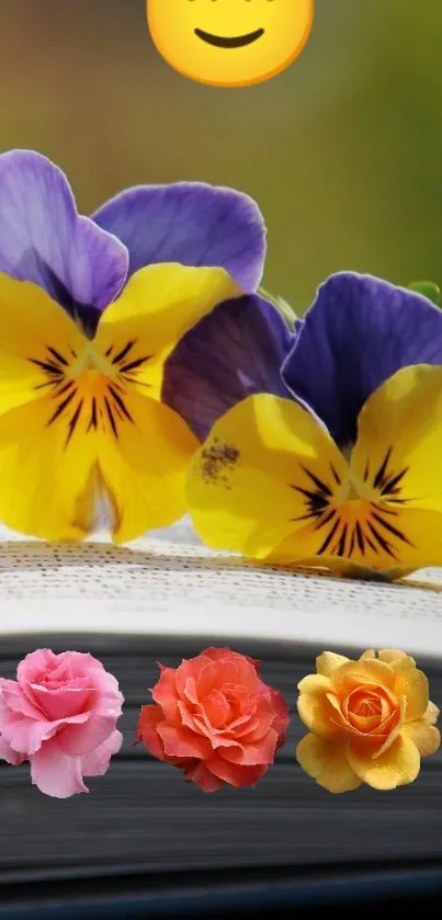 Colorful pansies and roses on open book.